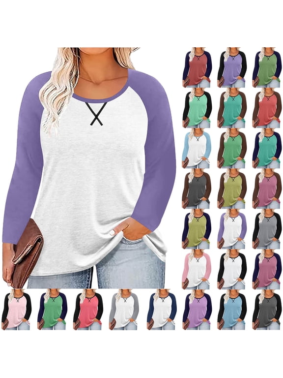 Women Long Sleeve Tops Casual Chest Print Solid Color Round Neck Pullover Loose Long Sleeved Raglan Top Plus Size
