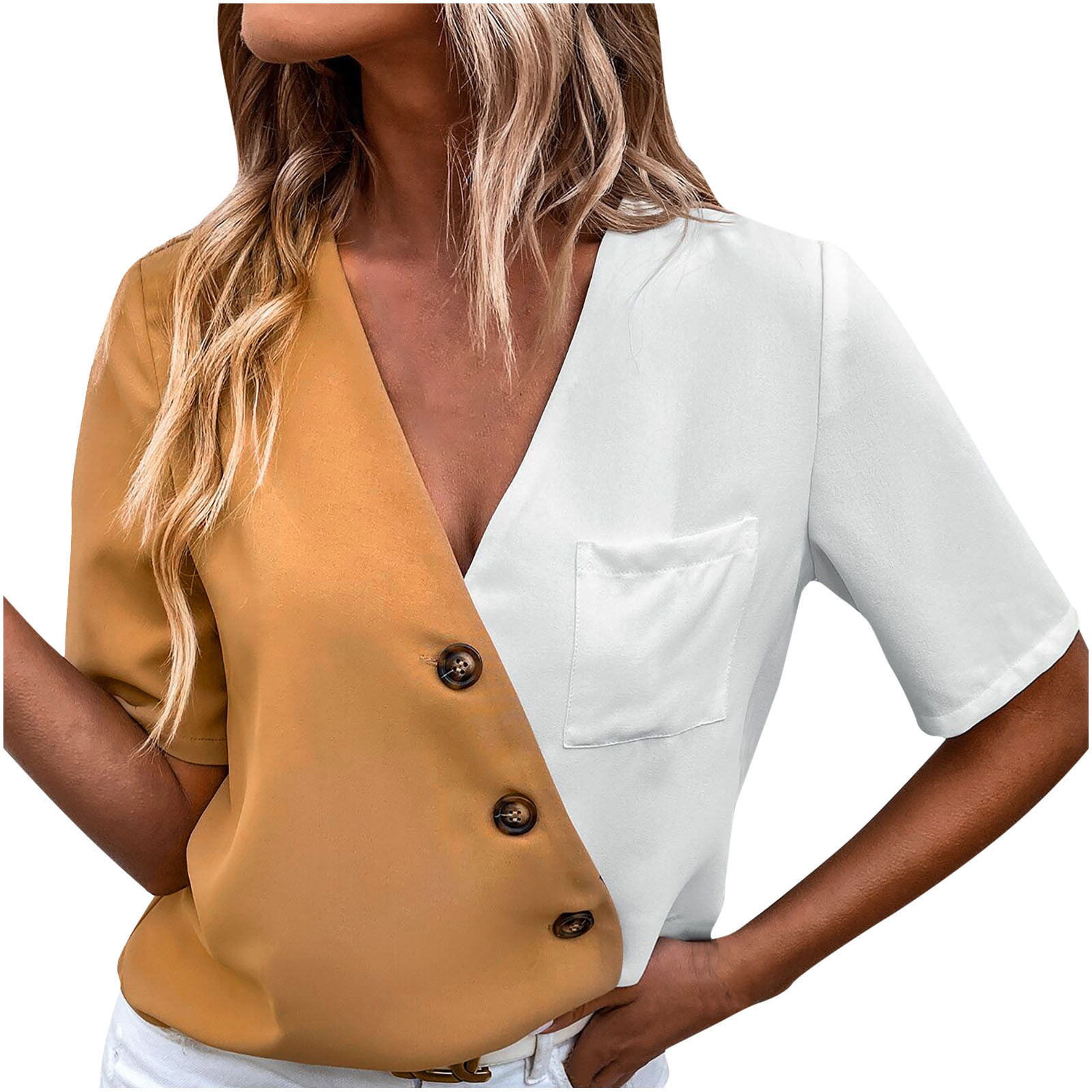 Women Long Sleeve Tops Color Block Asymmetric V Neck T Shirt