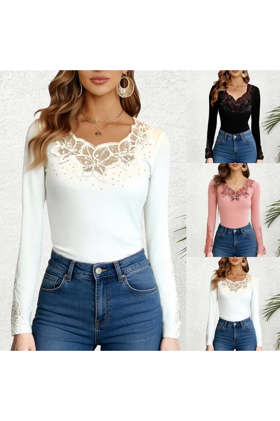 Women Long Sleeve Tops Dressy Casual Blouse Lace Trim Rhinestone Elegant Solid Color Top For Fashion Trendy Clothes