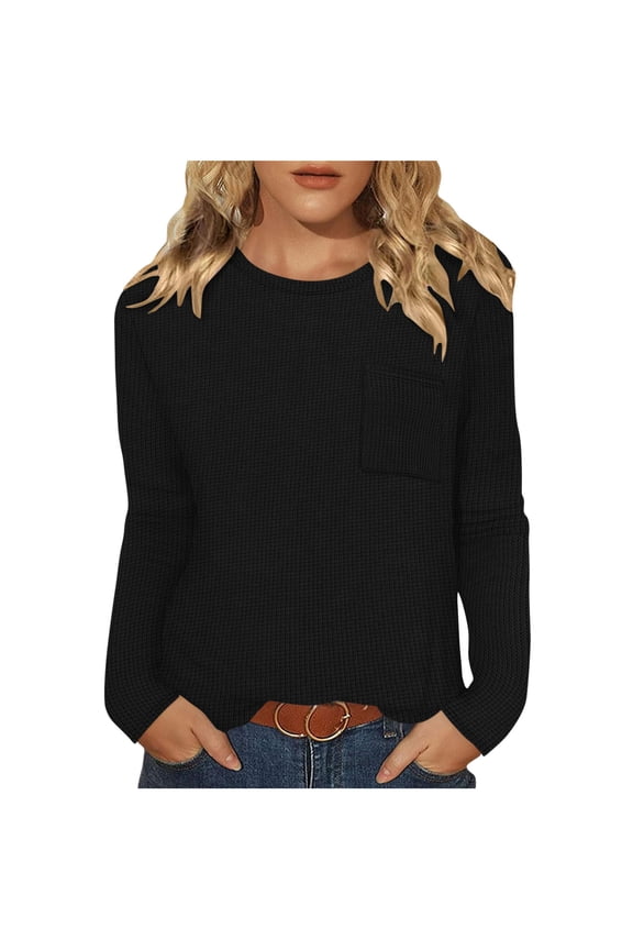 Women Long Sleeve Tops Dressy Casual Crew Neck Tshirts Basics Tee with Pockets 2025 Fall Winter Trendy Clothes