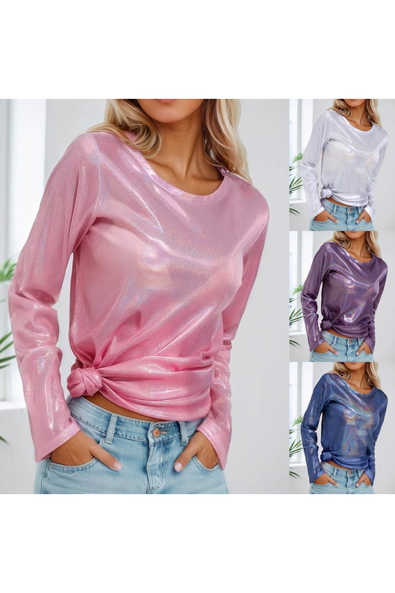 Women Long Sleeve Tops Dressy Casual Metallic Luster Loose Fit Shiny Pullover T Shirt Blouse Fashion Trendy Clothes