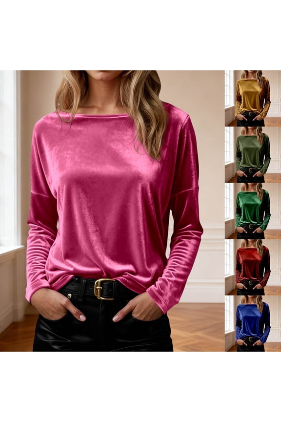 Women Long Sleeve Tops Dressy Casual Summer High End Velvet Top Round Neck Loose T Shirt Tunics Trendy Clothing