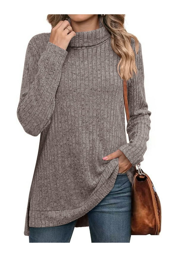 Women Long Sleeve Tops Casual Turtleneck Thin Sweater Fashion Side Split Tunic Light Gray Plain Pullover Clothes