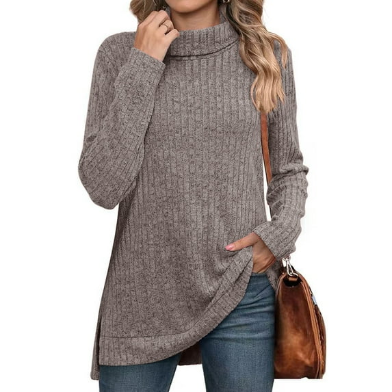 SHIBEVER Women Long Sleeve Tops Casual Turtleneck Thin Sweater Fashion Side Split Tunic Light Gray Plain Pullover Clothes