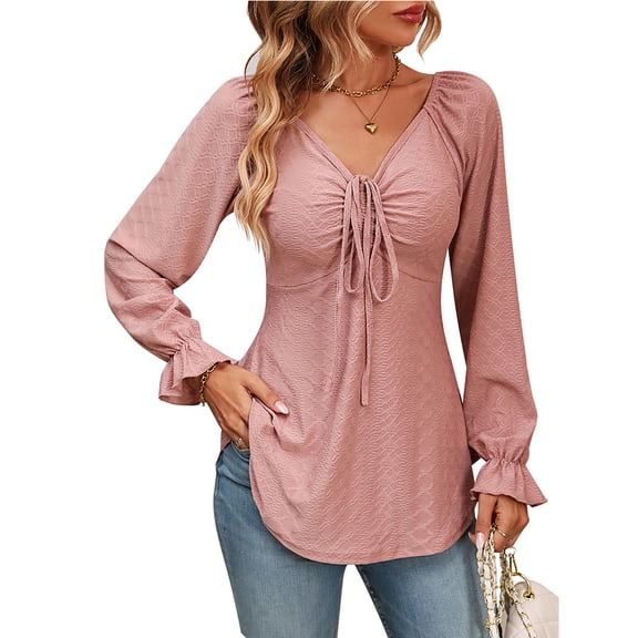 New Women Long Sleeve Tops Female V-neck Drawstring Waist Long Sleeved Solid Color T-shirt Women's Top With Sleeves