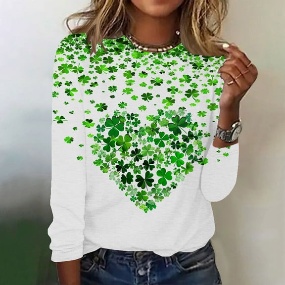 Women Long Sleeve Tops Green Shamrock Graphic Shirt Round Neck Pullover Tees St. Patrick's Day Printed Tshirt