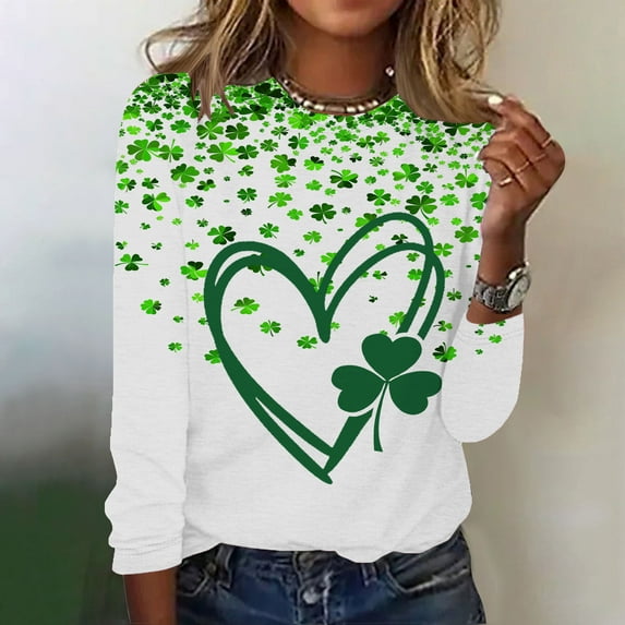 Women Long Sleeve Tops Green Shamrock Graphic Shirt Round Neck Pullover Tees St. Patrick's Day Printed Tshirt