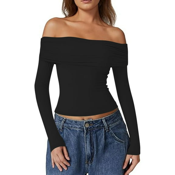 Women Long Sleeve Tops Off The Shoulder Shirts Fitted Going Out Y2K Crop Top Black M