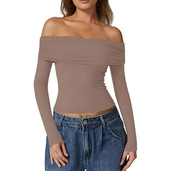 Women Long Sleeve Tops Off The Shoulder Shirts Fitted Going Out Y2K Crop Top Camel L