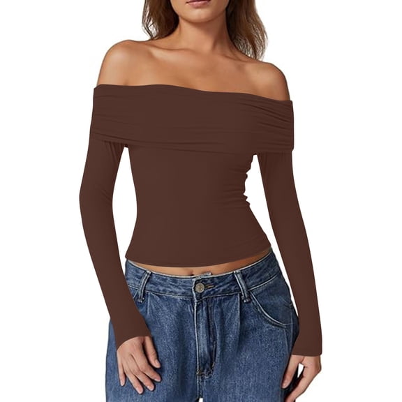 Women Long Sleeve Tops Off The Shoulder Shirts Fitted Going Out Y2K Crop Top Coffee M