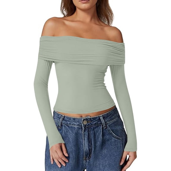 Women Long Sleeve Tops Off The Shoulder Shirts Fitted Going Out Y2K Crop Top Light Green M