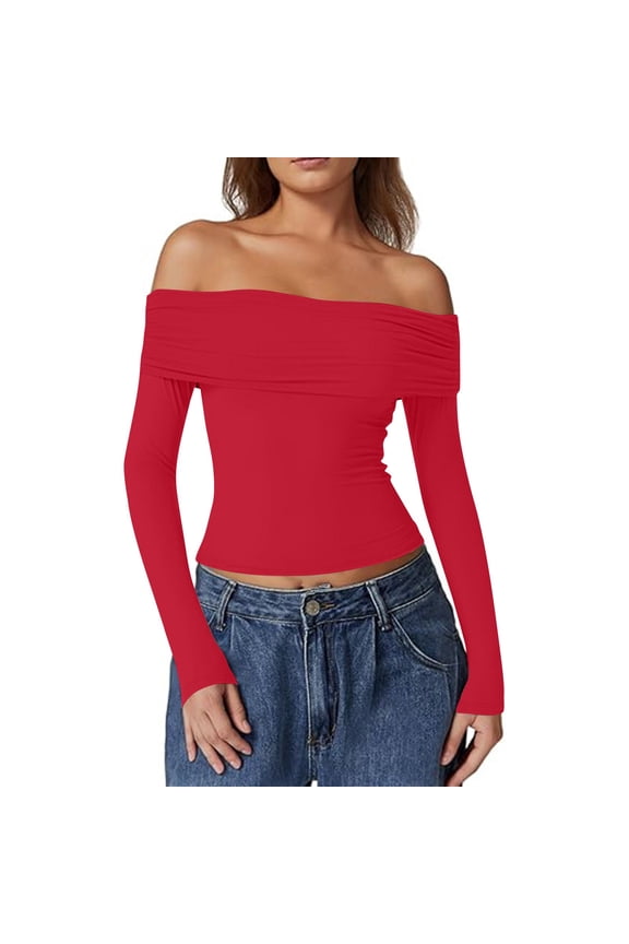 Women Long Sleeve Tops Off The Shoulder Shirts Fitted Going Out Y2K Crop Top Red S
