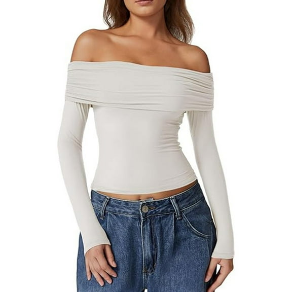 Women Long Sleeve Tops Off The Shoulder Shirts Fitted Going Out Y2K Crop Top White M