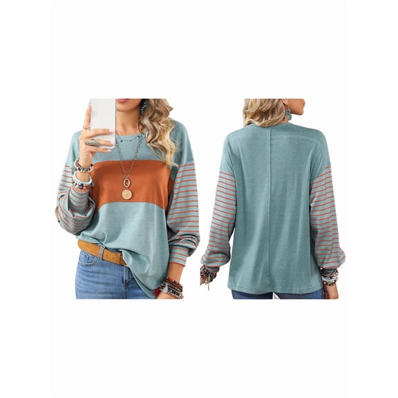 Women Long Sleeve Tops Oversized Trendy Round Crew Neck Casual Color Block Womens Shirts Blouses Bean Green XL