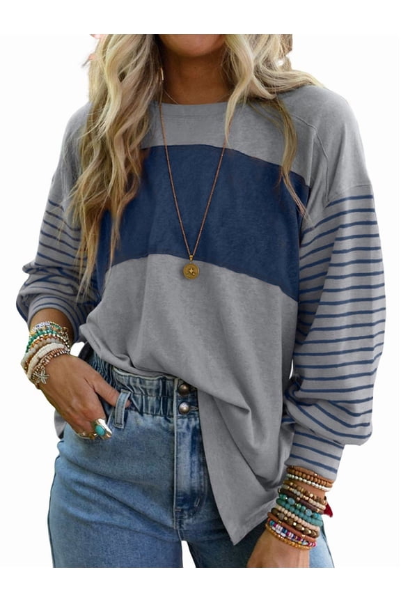 Women Long Sleeve Tops Oversized Trendy Round Crew Neck Casual Color Block Womens Shirts Blouses Blue-Gray XL