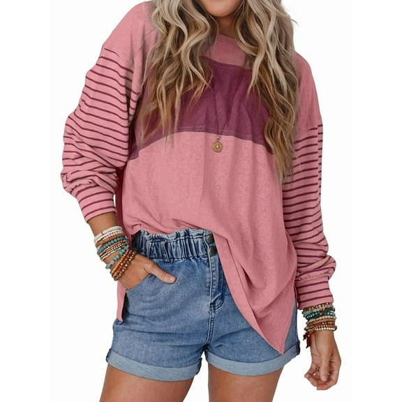 Women Long Sleeve Tops Oversized Trendy Round Crew Neck Casual Color Block Womens Shirts Blouses Pink M