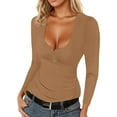 thumbnail image 1 of Women Long Sleeve Tops Scoop Neck Low Cut Slim Fitted Henley Shirt Ribbed Basic Tee Shirts Tops, 1 of 5