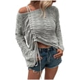 thumbnail image 1 of Women Long Sleeve Tops Sexy Casual Cold Shoulder Hollow Out Sweater Fashion Loose Front Ruched Drawstring Knitwear, 1 of 5