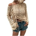 thumbnail image 1 of Women Long Sleeve Tops Sexy Casual Cold Shoulder Hollow Out Sweater Fashion Loose Front Ruched Drawstring Knitwear, 1 of 1