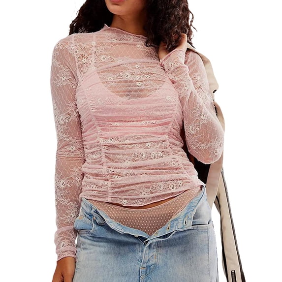 Women Long Sleeve Tops Sheer Floral Lace Ruched Basic Shirt Casual Pullover for Fall Club Streetwear Aesthetic Clothes