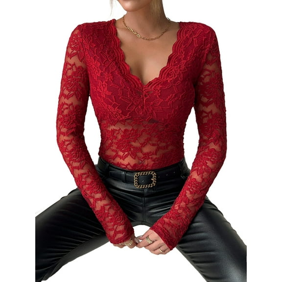 Women Long Sleeve Tops Shirts Dressy Hollow Out Crochet Lace Embroidered Blouses 2025 Fashion Red L