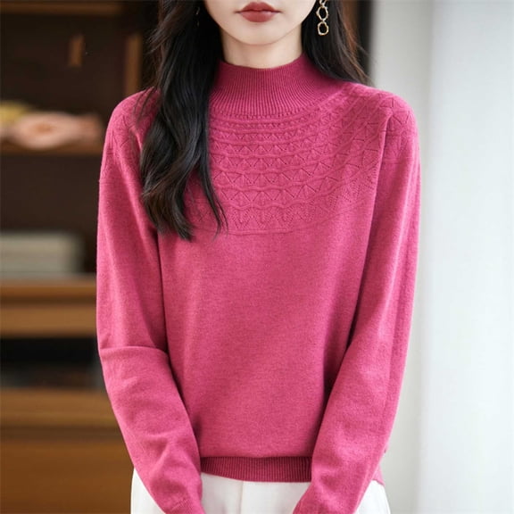 Women Long Sleeve Tops Uniqlo Women's Fashion Casual Solid Color Semi-turtle Neck Loose Bottoming Knitted Bottoming Shirt Top,Hot Pink,M
