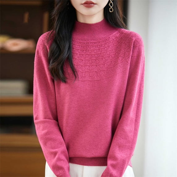 Women Long Sleeve Tops Uniqlo Women's Fashion Casual Solid Color Semi-turtle Neck Loose Bottoming Knitted Bottoming Shirt Top,Hot Pink,M