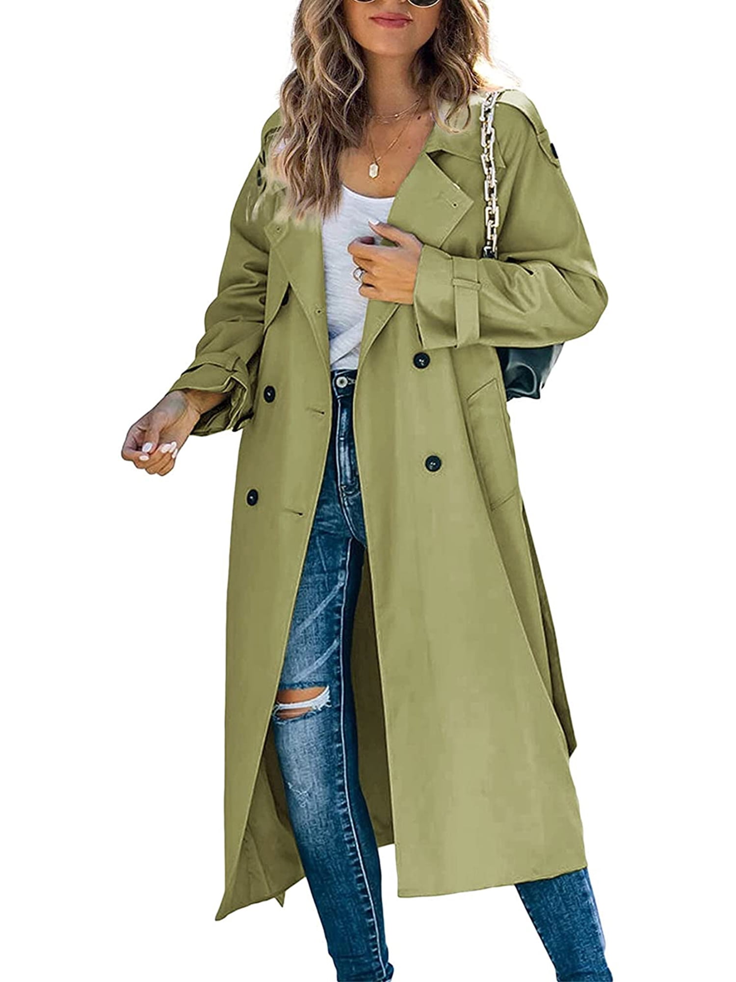 Women Long Sleeve Trench Coat Double Breasted Turndown Collar Long Coats Classic Autumn Spring Jacket Windproof Outwear Walmart