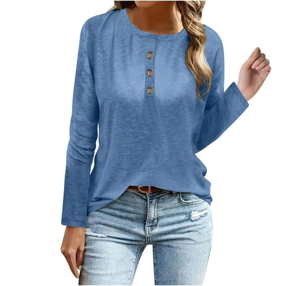 Women Long Sleeve Tunic Shirts Casual Henley Top Solid Color Fall Blouse Button Crew Neck Pullover Sweatshirt (Blue L)