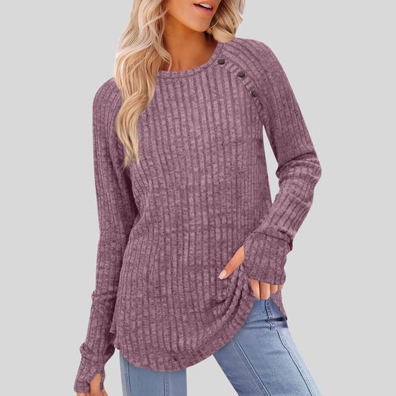 Women Long Sleeve Tunic Shirts Lightweight Thin Sweater Color Block Ribbed Casual Crewneck Fall Top