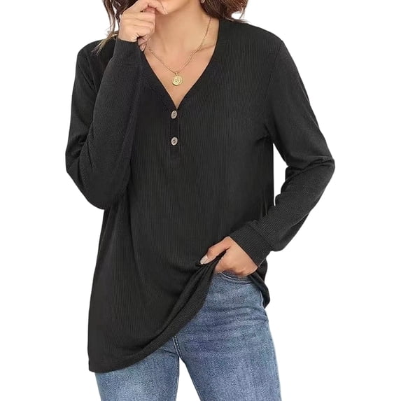 Women Long Sleeve Tunic Tops Button Down V-Neck Soft Ribbed Casual Loose Shirts Black XL