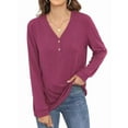 thumbnail image 1 of Women Long Sleeve Tunic Tops Button Down V-Neck Soft Ribbed Casual Loose Shirts Wine Red XL, 1 of 5