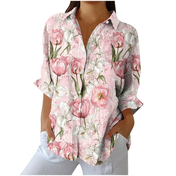 Women Long Sleeve Tunic Tops Cotton and Linen Floral Boho Loose Linen Pullover Blouse Pink M