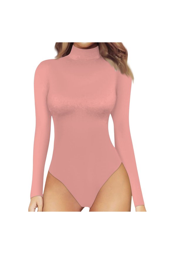 Women Long Sleeve Turtleneck Bodysuit Stretchy Slim Fit Basic Leotard One Piece Top for Daily Wear Layering Pink XL