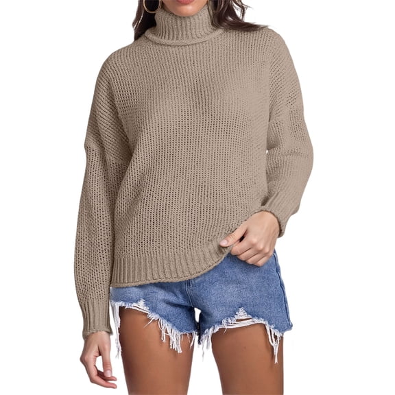 Women Long Sleeve Turtleneck Pullover Top Sweater Loose Fit Khaki Sweater Warm Womens Fall Clothes