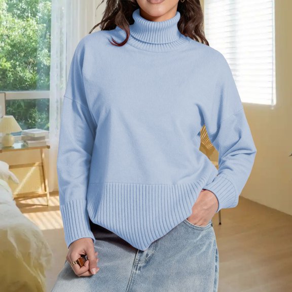 Women Long Sleeve Turtleneck Pullover Top Sweater Oversized Loose Blue Sweater Women Warm Womens Christmas Clothes