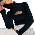 thumbnail image 1 of Women Long Sleeve Turtleneck Sweater Sexy Cut Out Front Knit Slim Jumper Tops, 1 of 19