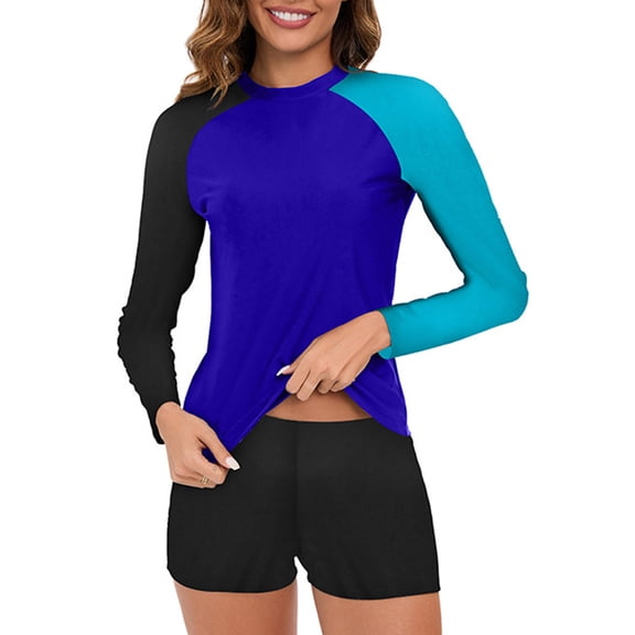 Women Long Sleeve UV Protection Rashguard with Matching Swim Shorts Summer Beach Surfing Swimwear