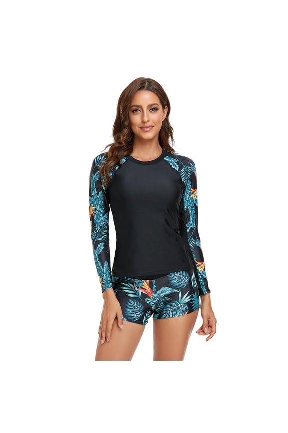 Women Long Sleeve UV Sun UPF 50+ RashGuard Top Two Piece Surfing Diving Swimsuit -L