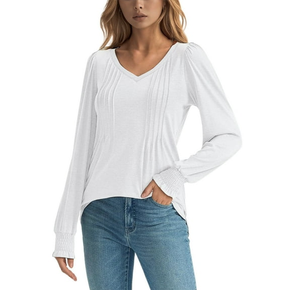 Women Long Sleeve V Neck Blouse Solid Dressy Casual Front Pleated Relaxed Fit Elegant T Shirts 2025 Fall Outfits