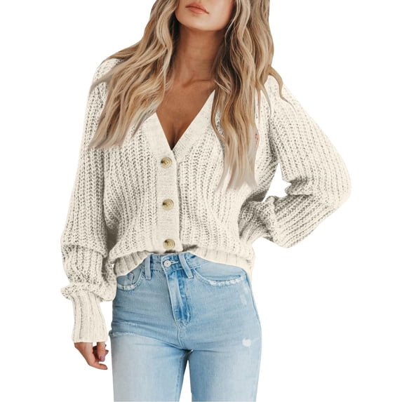 Women Long Sleeve V Neck Button Down Sweater Jackets Outerwear Casual Loose Fit Solid Color Short Crop Knitwear Cardigan