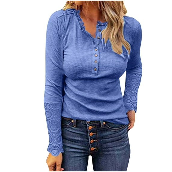 Women Long Sleeve V Neck Button Up Solid Tops Blouse Trendy Slim Fit Lace Sleeves Ribbed Knit Casual Henley Shirts Tunic