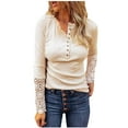 thumbnail image 1 of Women Long Sleeve V Neck Button Up Solid Tops Blouse Trendy Slim Fit Lace Sleeves Ribbed Knit Casual Henley Shirts Tunic, 1 of 5