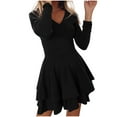 thumbnail image 1 of Women Long Sleeve V Neck Dress Solid Color Mini Cocktail Wedding Guest Dress A Line Swing Casual Layered Fall Dress, 1 of 7