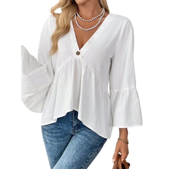 Women Long Sleeve V Neck Loose Fit Tunic Tops Babydoll Peplum Flowy Casual Blouse Eyelet T-Shirt White XL