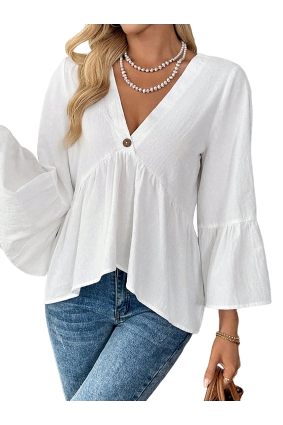 Women Long Sleeve V Neck Loose Fit Tunic Tops Babydoll Peplum Flowy Casual Blouse Eyelet T-Shirt White XL