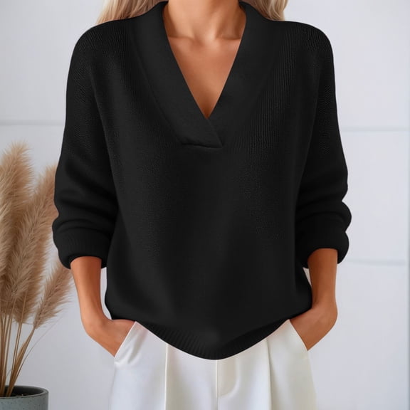 Women Long Sleeve V Neck Pullover Sweaters Loose Fit Womens Black Sweater Warm Winter Sweaters for Women