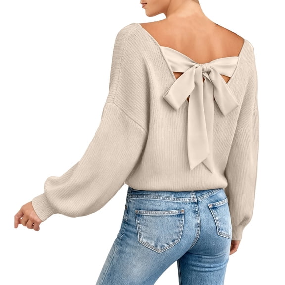 Women Casual Long Sleeve V Neck Pullover Sweaters Bow Loose Fit Khaki Sweaters Women Soft Winter Sweaters