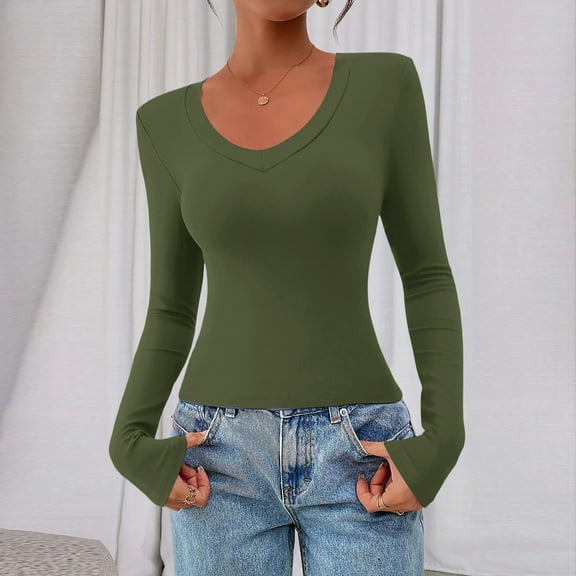 Women Long Sleeve V Neck Slim Fit Shirts Basic Tee Tops 2025 Fall Casual T Shirt Blouse Outfits Clothes Army Green M