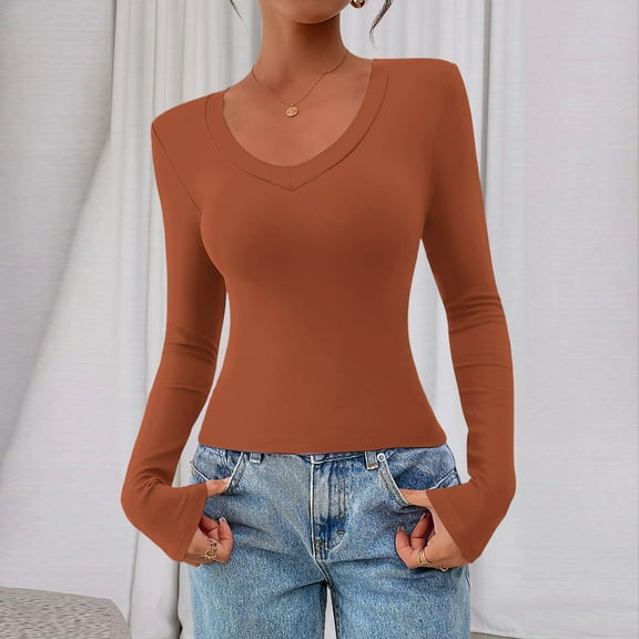 Women Long Sleeve V Neck Slim Fit Shirts Basic Tee Tops 2025 Fall Casual T Shirt Blouse Outfits Clothes Ginger M